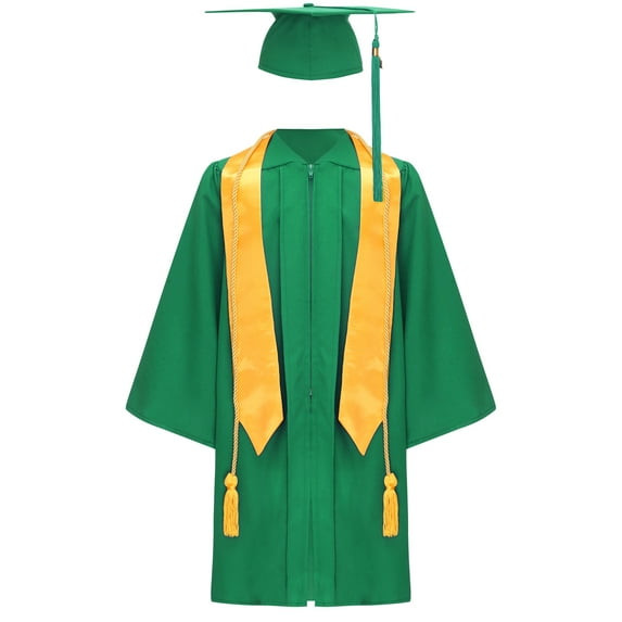 TTAO Unisex Boys Girls School Graduation Gown Long Sleeve V-neck Robe with Hat Stole Tassel for Ceremonies Parties Green 13-14