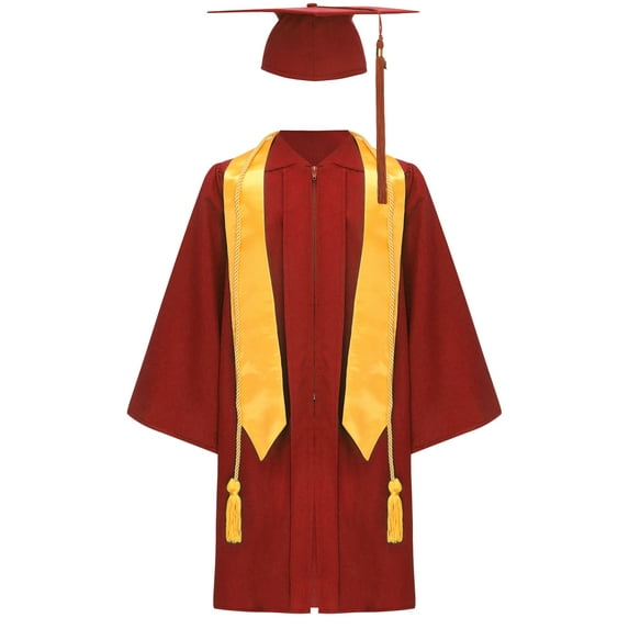 TTAO Unisex Boys Girls School Graduation Gown Long Sleeve V-neck Robe with Hat Stole Tassel for Ceremonies Parties Red 11-12