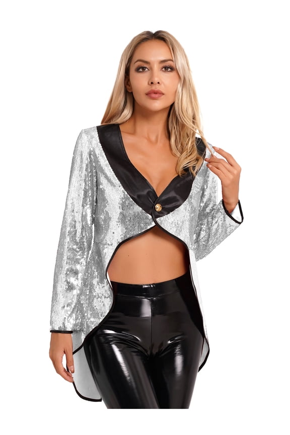Woman's Sequin Magician Jackets Open Front Blazer Tailcoat Tuxedo Jacket Long Sleeve Cardigan Silver L