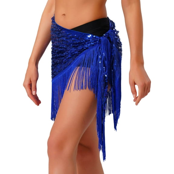 TTAO Women Belly Dance Hip Scarf Triangle Dance Belt Skirt with Fringe for Performances Practice Blue One Size