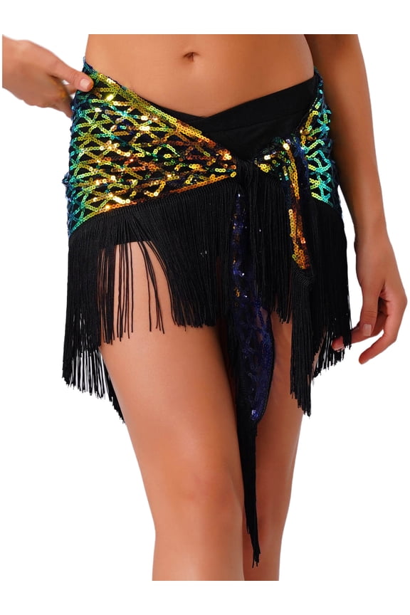Women Belly Dance Hip Scarf Triangle Dance Belt Skirt with Fringe for Performances Practice Gradient Green One Size