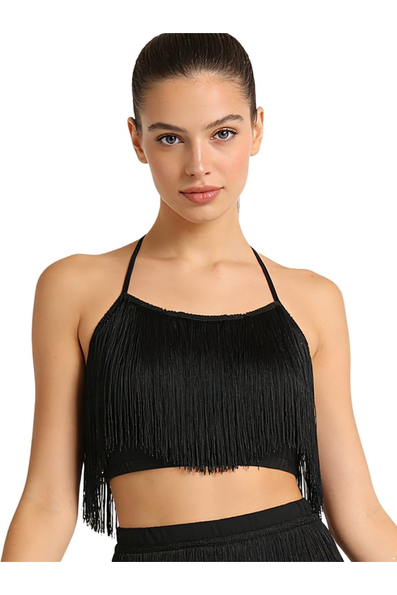 Women Dance Vest Spaghetti Strappy Sleeveless Fringe Tassel Top Latin Belly Dance Bra Top Black XL