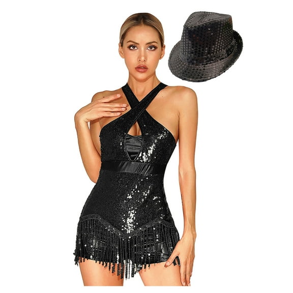 TTAO Women Glittery Sparkly Bodysuit Fringe Dance Leotard Latin Jazz Ballroom Costumes with Hat Black M
