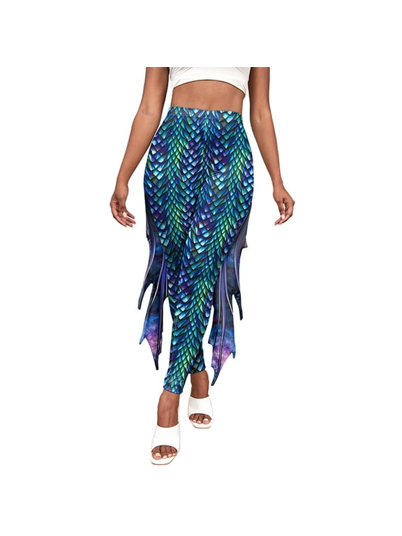 Women Halloween Mermaid Leggings 3D Print Fish Scale Pants Tights Trousers for Theme Party Club Green S