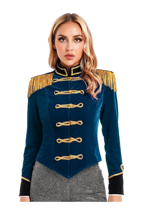 Women Hallowen Ringmaster Circus Jacket Coat Soft Velvet Showman Performance Blazer Coat Dark Blue L
