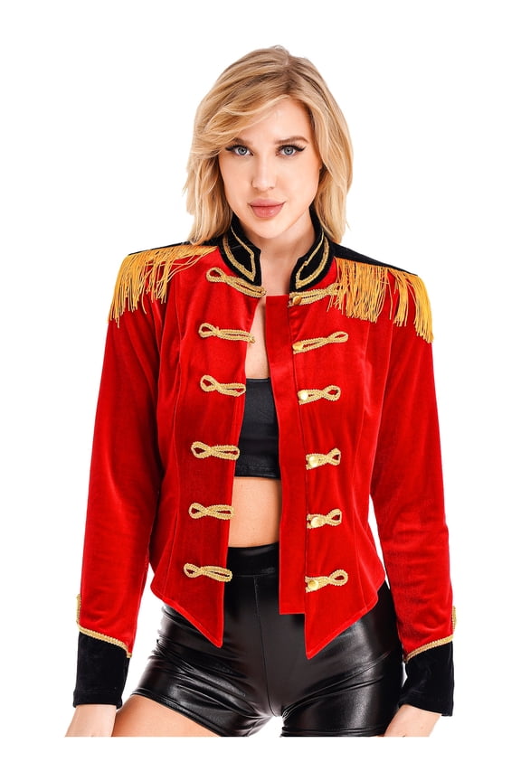 Women Hallowen Ringmaster Circus Jacket Coat Soft Velvet Showman Performance Blazer Coat Red 3XL