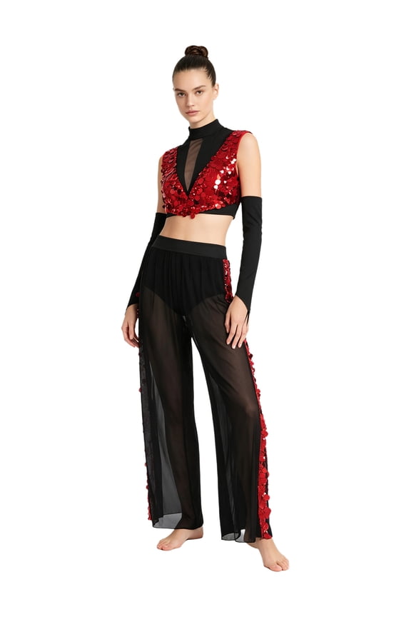 Women Modern Contemporary Dance Practice Mesh Tops Pants Suit 3-piece Lyrical Dancewear Performance Wear Red XXL
