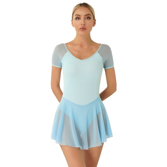 TTAO Women Nylon Ballet Leotard Gymnastics Bodysuit Ballerina Dancewear Skirted Leotard Training Light Blue M