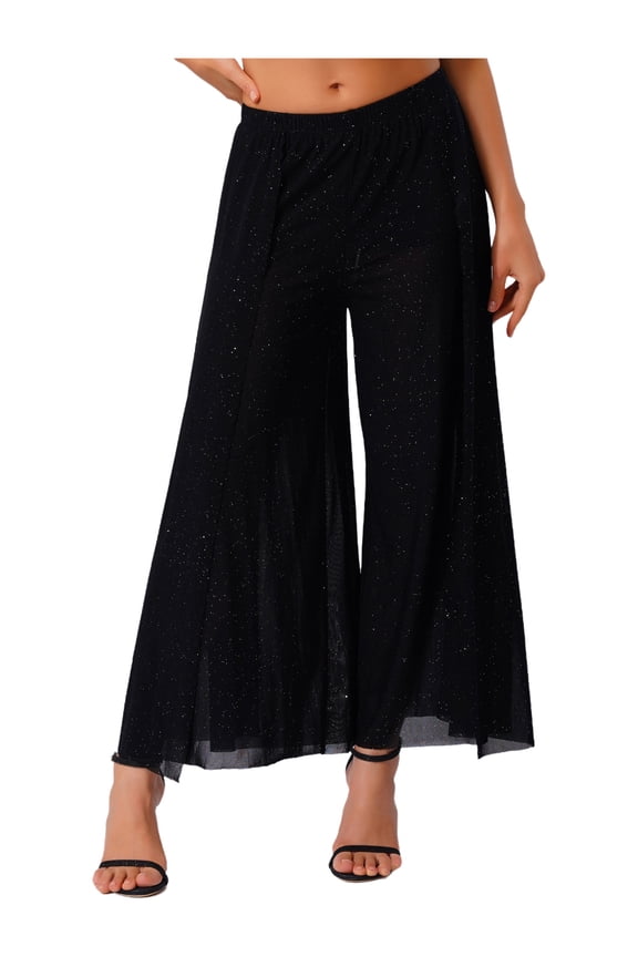 Women Shimmering Mesh Wide Leg Pants Elastic Waist Side Slit Belly Dance Pants Black XL