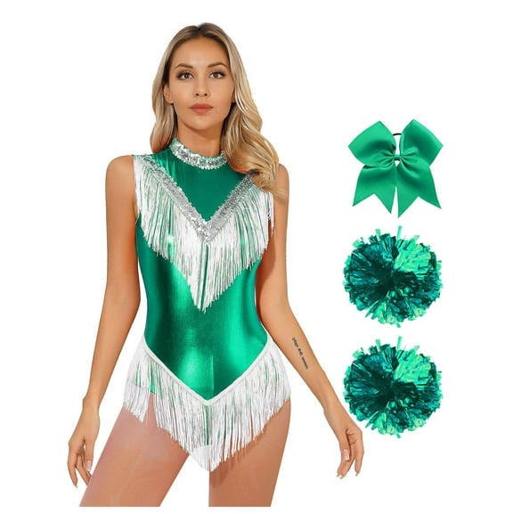 TTAO Women Shiny Metallic Cheer Leader Uniform Stage Performance Cheerleading Dance Outfits Green S