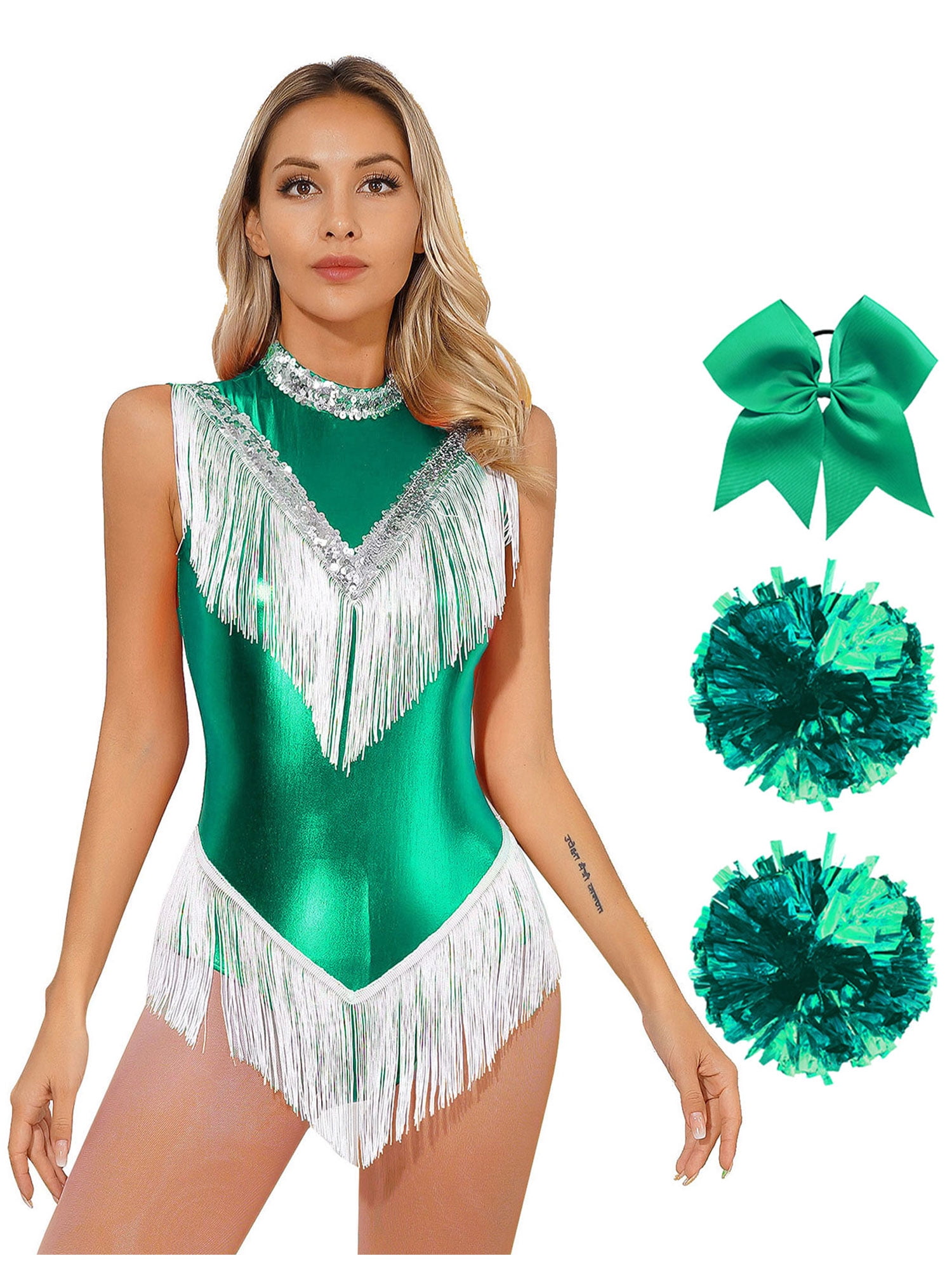 TTAO Women Shiny Metallic Cheer Leader Uniform Stage Performance ...