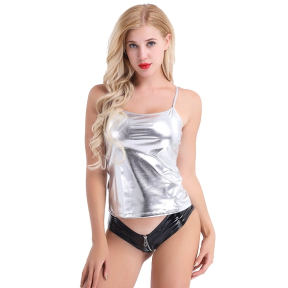 TTAO Women Shiny Metallic Faux Lather Spaghetti Camisole Yoga Jazz Dance Tank Top Vest Clubwear Silver XL