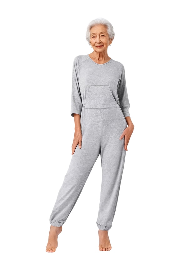 Women's Dementia Clothing Alzheimers Elderly Anti-strip Jumpsuit Long Sleeve Nursing Rompers Grey XXL
