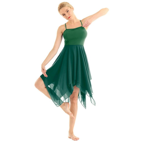 TTAO Women's Elegant Modern Lyrical Dance Costume Asymmetric High Low Ballet Dancing Dress Dancewear Green XL