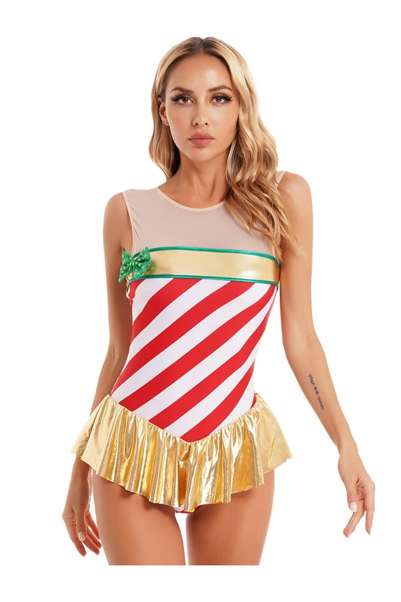 Women's Gymnastics Leotards Candy Cane Christmas Dance Tutu Xmas Holiday Figure Skating Dress Red L