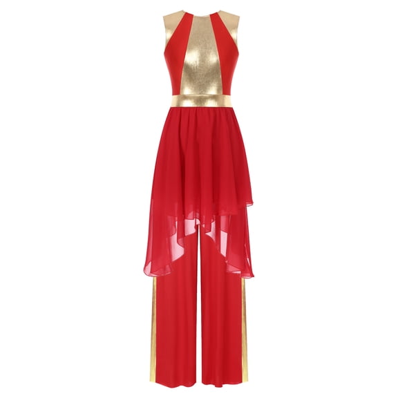 TTAO Women's Praise Liturgical Dancewear Round Neck Sleeveless Tunic Overlay with Wide Leg Trousers Red XL