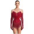 thumbnail image 1 of TTAO Women's Ruched Mesh Latin Dance Leotard Dress Tassel Rumba Jazz Dance Bodysuit Top with Gloves Red S, 1 of 7