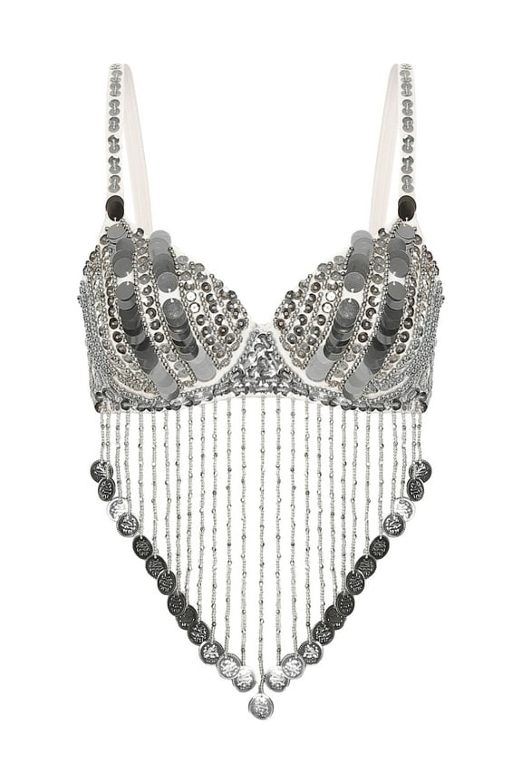 Women's Sequin Fringe Belly Dance Bra Top Sparkly Crop Tank Top Tribal Belly Dance Crop Top Silver One Size