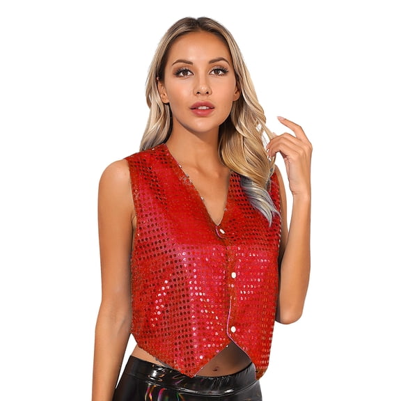 TTAO Women's Sequins Waistcoat Open Front Jacket Sleeveless Vest Hip-Hop Jazz Dance Party Jacket Vest Red 170