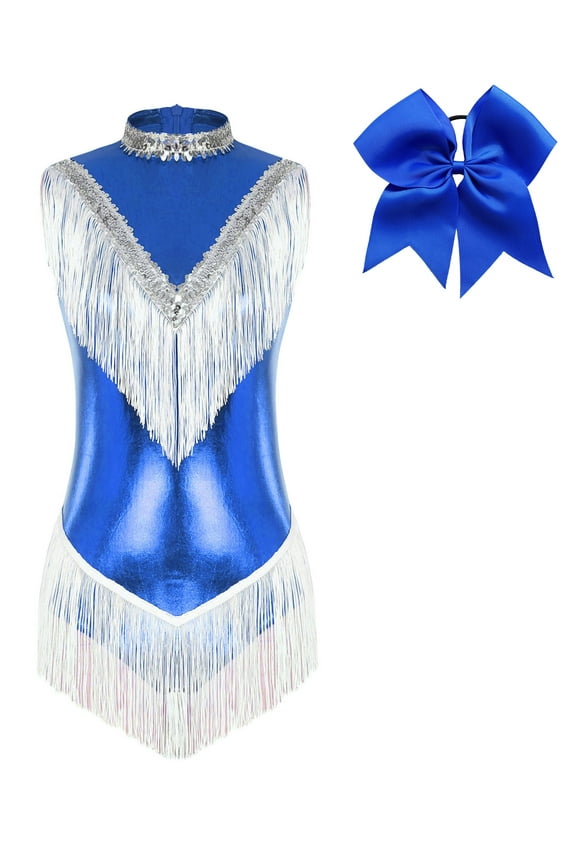 Women's Shiny Metallic Sequins Tassel Jazz Latin Dance Leotard Sleeveless Fringed Bodysuit Outfit Blue S
