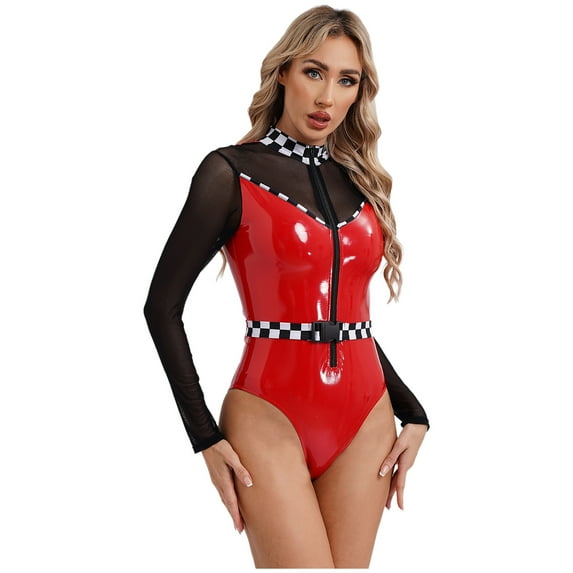 TTAO Women's Speed Race Car Driver Bodysuit with Belt Racer Chessboard Dress Up Jumpsuit Red XXL
