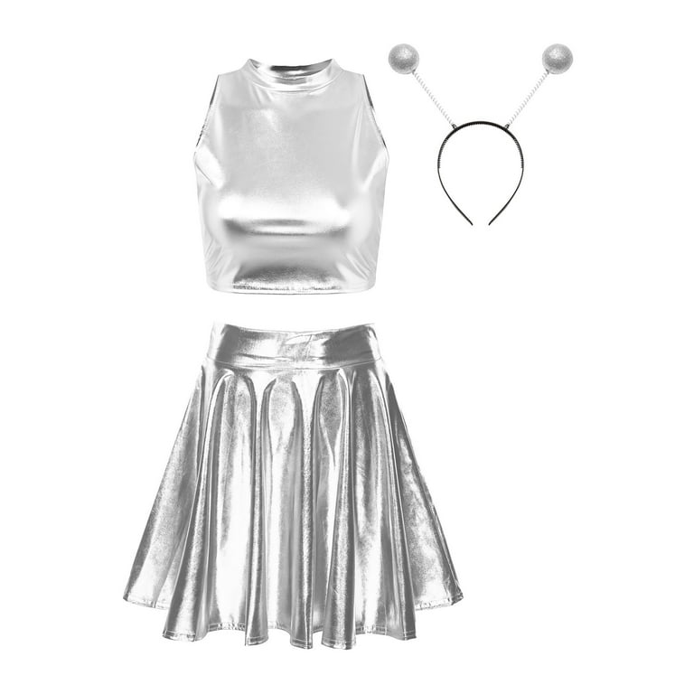 TTAO Womens Alien Role Play Costume Shiny Crop Top with Holographic Mini Skirt Martian Headband A Silver M Walmart