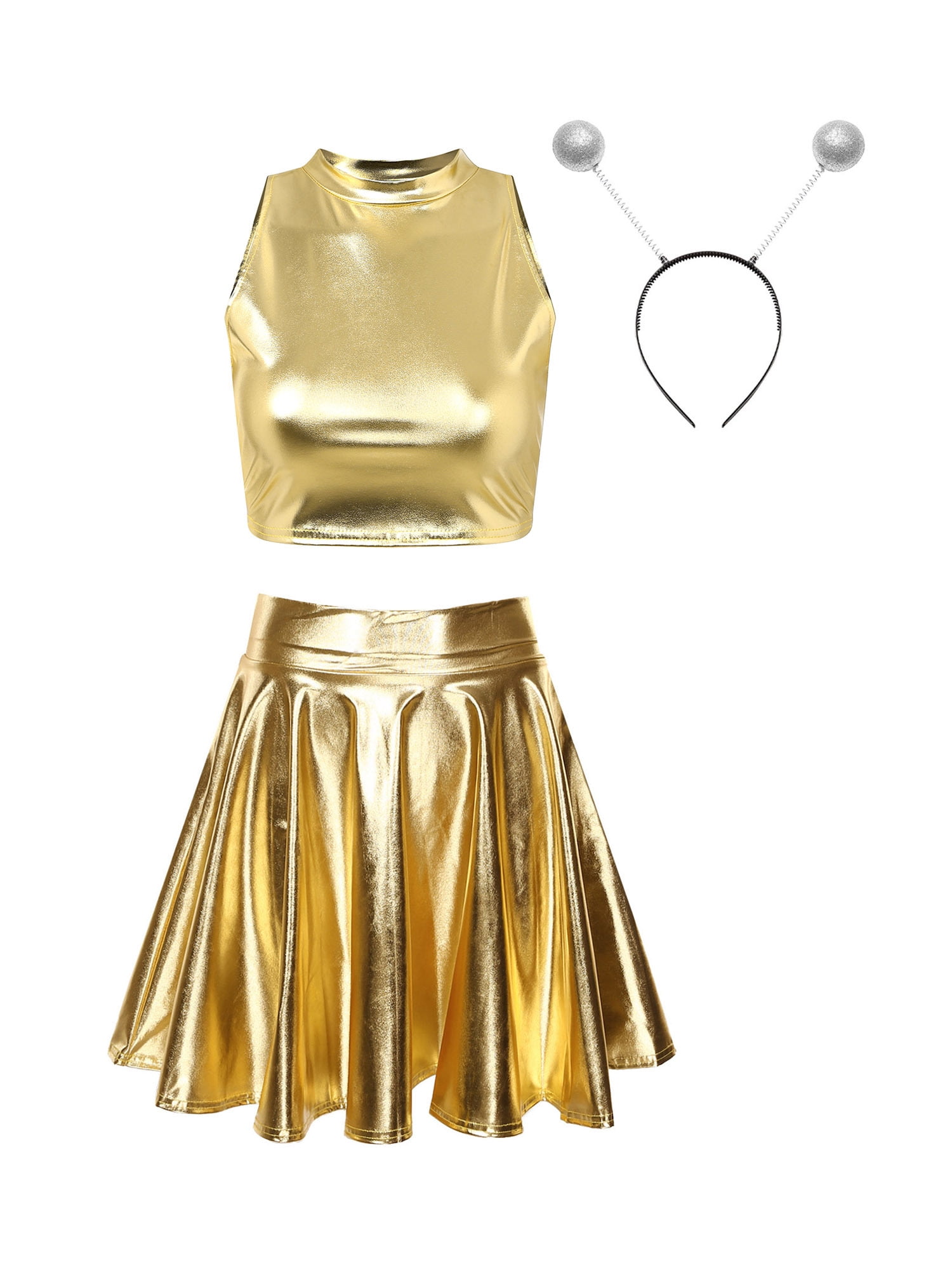 TTAO Womens Alien Role Play Costume Shiny Crop Top with Holographic