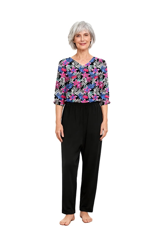 Womens Anti-Strip Adaptive Printed Back Zipper Straight Leg Jumpsuit Nursing Rompers for Special Needs Hot Pink Flower L