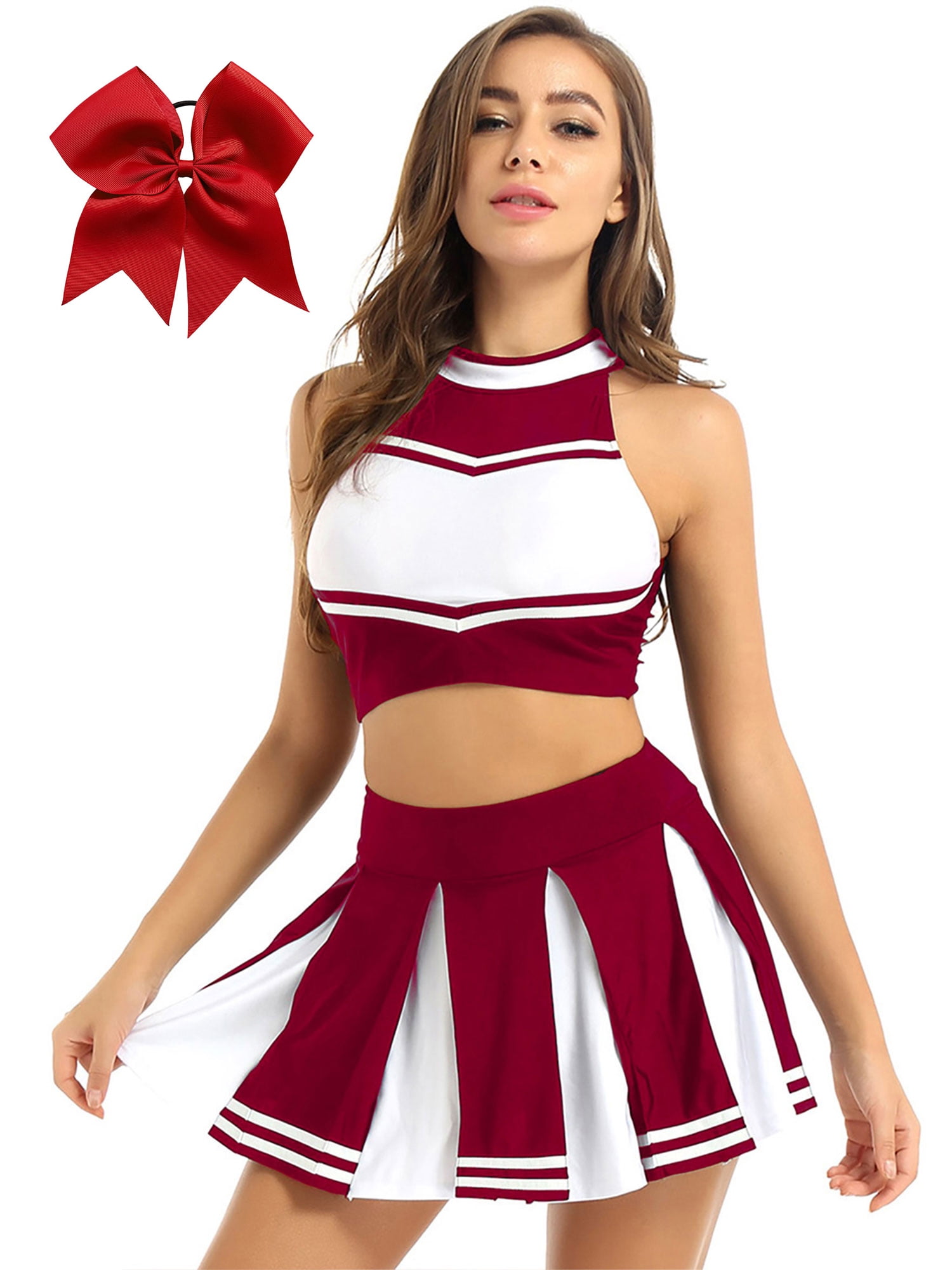 TTAO Cheerleading-kostuum voor meisjes, cheerleader-outfit, mouwloos, top en rok met pompons, carnaval, feestkostuum, zwart C, 110/116 cm
