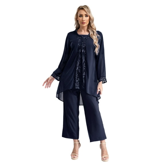 TTAO Womens Elegant Wedding Guest Pants Suit 3 Piece Set Formal Chiffon Lace Evening Party Outfits Navy Blue-B L