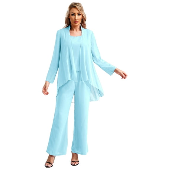 TTAO Womens Elegant Wedding Guest Pants Suit 3 Piece Set Formal Chiffon Lace Evening Party Outfits Sky Blue-A L