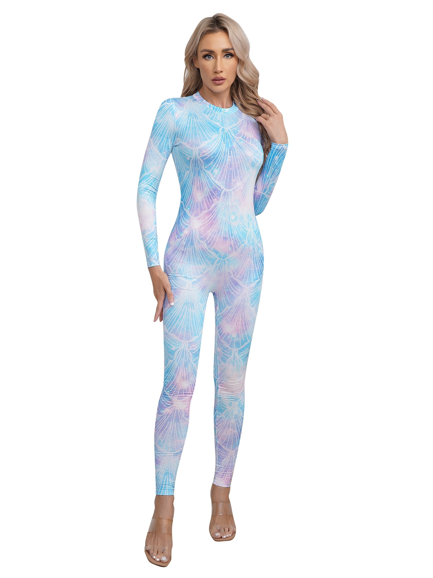 TTAO Womens Fish Scales Mermaid Unitard Jumpsuit Long Sleeve Back