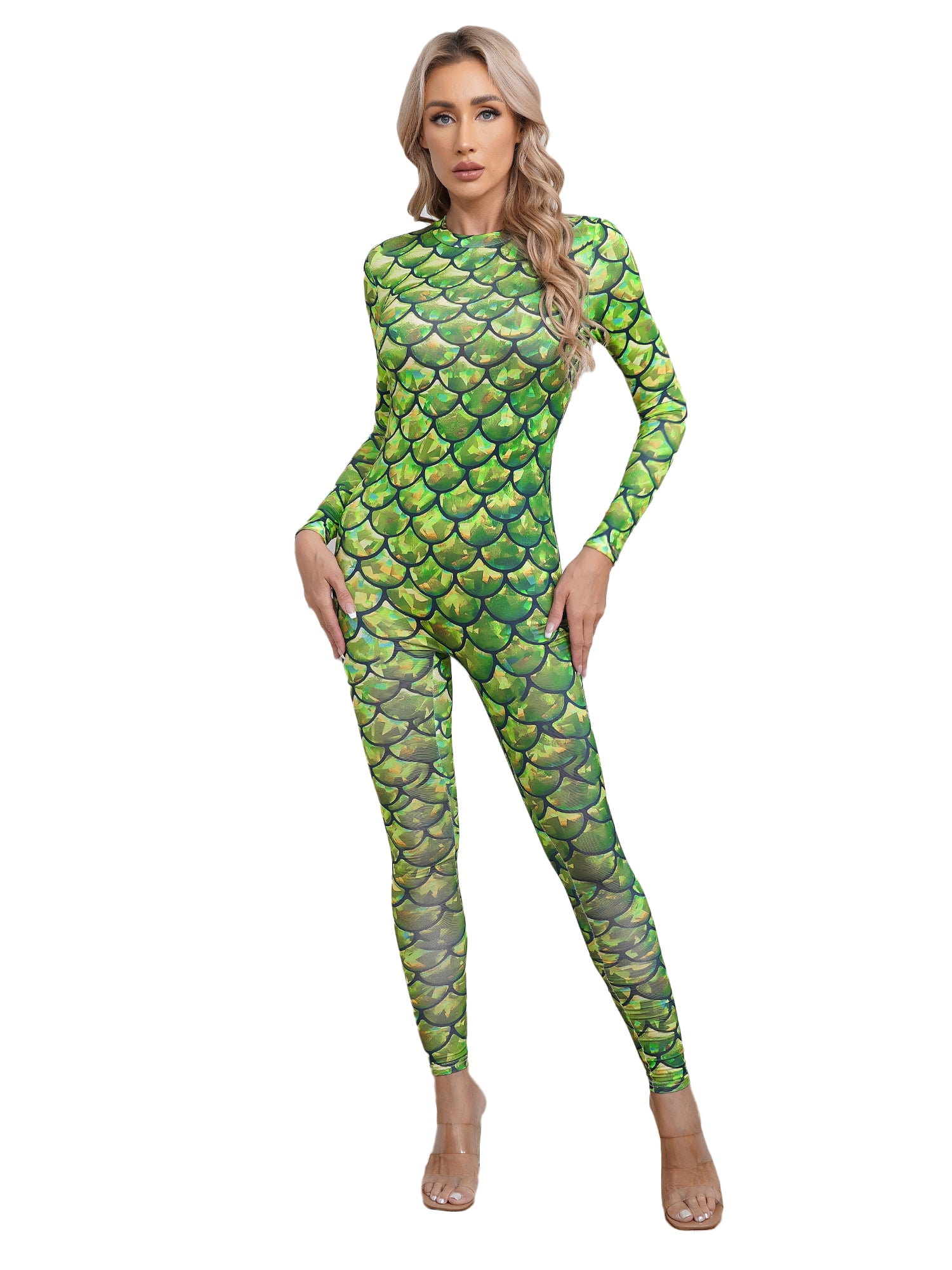 TTAO Womens Fish Scales Mermaid Unitard Jumpsuit Long Sleeve Back