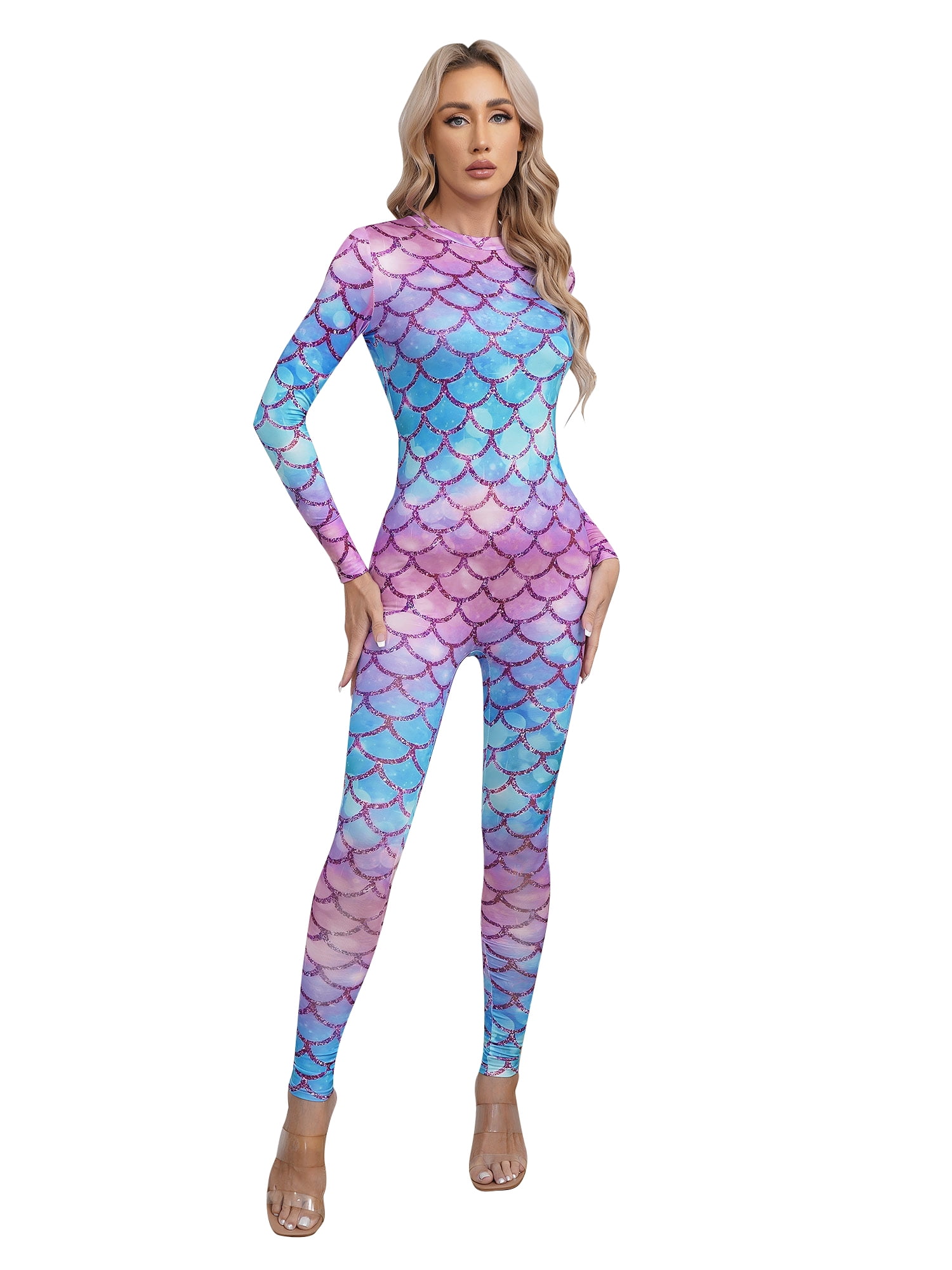 TTAO Womens Fish Scales Mermaid Unitard Jumpsuit Long Sleeve Back