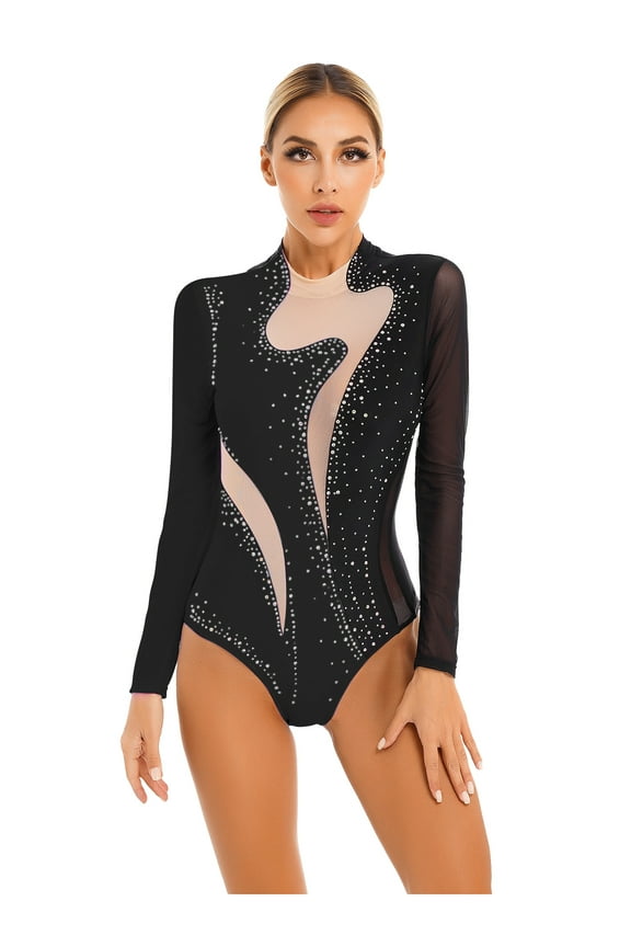 Womens Gymnastics Leotard Ballet Dance Figure Skating Costume Rhinestone Mesh Long Sleeve Black XXL