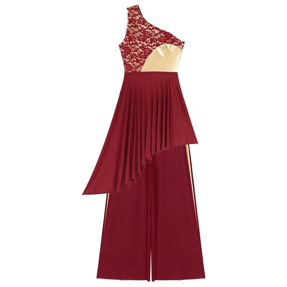 TTAO Womens Lace Patchwork One Shoulder Sleeveless Praise Dance Dress With Pants Church Worship Dancewear Burgundy L