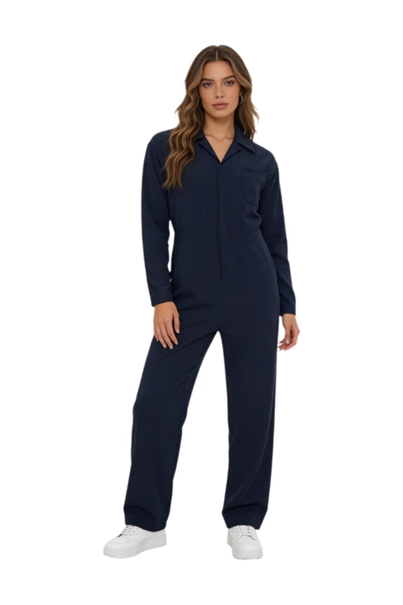 Womens Long Sleeves Coveralls Zipper Fashion Jumpsuit Workwear Stretchy Utility Overalls Navy Blue S