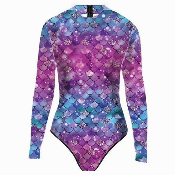 TTAO Womens One Piece Swimsuit Fish Scale Print Tummy Control Bathing Suit Rash Guard Swim Shirts Blue&Purple 4XL