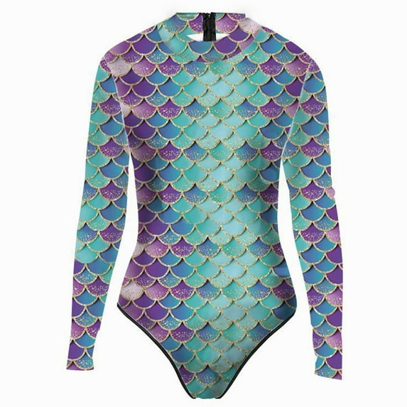 TTAO Womens One Piece Swimsuit Fish Scale Print Tummy Control Bathing Suit Rash Guard Swim Shirts Green S
