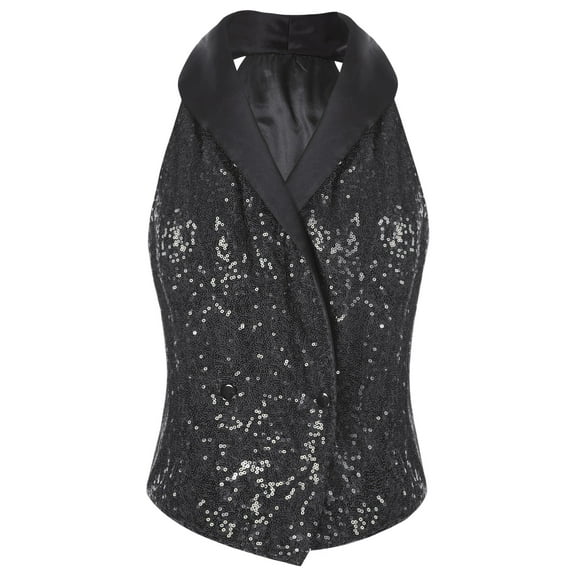 TTAO Womens Sequins Suit Vest Lapel Sleeveless Glitter Sparkly Dressy Waistcoat for Rave Dance Party Black L