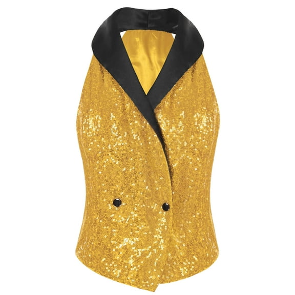 TTAO Womens Sequins Suit Vest Lapel Sleeveless Glitter Sparkly Dressy Waistcoat for Rave Dance Party Gold M