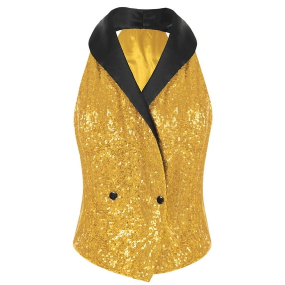 TTAO Womens Sequins Suit Vest Lapel Sleeveless Glitter Sparkly Dressy Waistcoat for Rave Dance Party Gold S