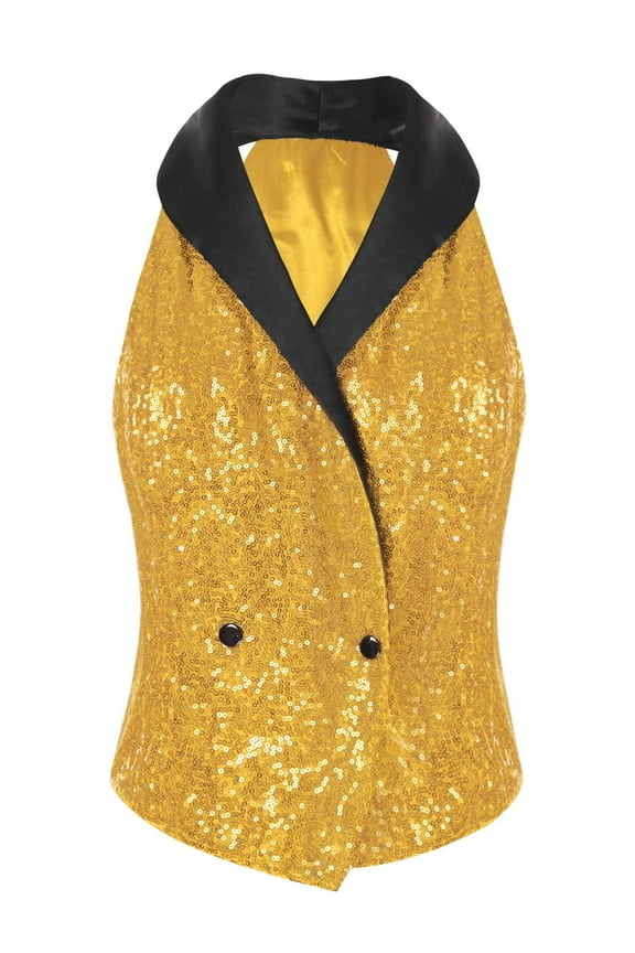 Womens Sequins Suit Vest Lapel Sleeveless Glitter Sparkly Dressy Waistcoat for Rave Dance Party Gold XXL