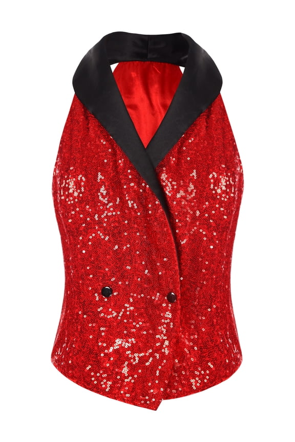 Womens Sequins Suit Vest Lapel Sleeveless Glitter Sparkly Dressy Waistcoat for Rave Dance Party Red XL