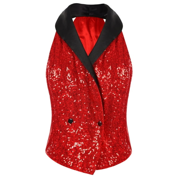 TTAO Womens Sequins Suit Vest Lapel Sleeveless Glitter Sparkly Dressy Waistcoat for Rave Dance Party Red XL