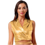 TTAO Womens Sleeveless Shiny Metallic Crop Tank Top Lapel Collar Wrap Laceup Vest Rave Outfits Gold S