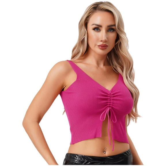 TTAO Womens V Neck Crop Tops Y2K Slim Fit Sleeveless Front Drawstring Slit Cropped Vest Top Hot Pink One Size