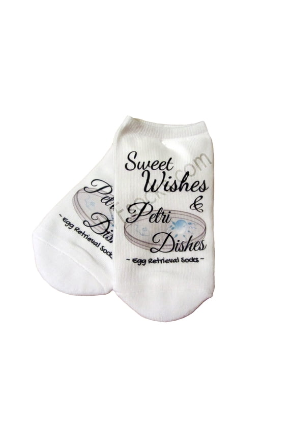 TTC IVF Socks, Sweet Dreams and Petri Dishes No Show women's white Medium Socks for IVF Egg Retrieval Day or Fertilization Day