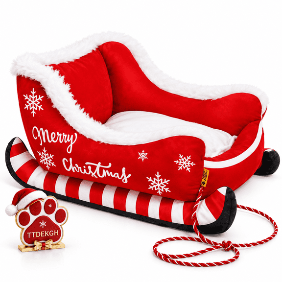 TTDEKGH Christmas Dog Bed Large Santa Paws Sleigh Sled 26x21 Inch Plush Soft Cage Bed Washable Dog Mat with Non-slip Bottom for Large Dogs Cat Holiday