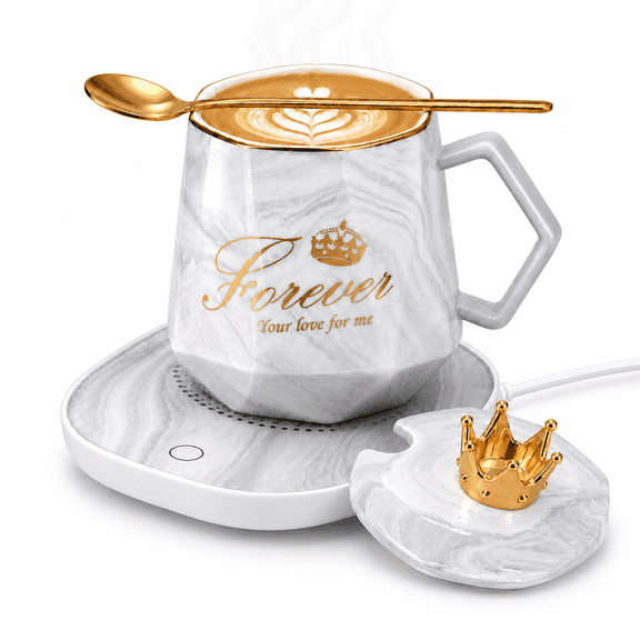TTDEKGH Coffee Mug Warmer Set, 131°f Constant Temperature Heated Cup with Lid, Spoon and Electric Warming Plate, 13.5 Fl Oz Beverage Warmer Gift Set for Coffee, Tea and Milk